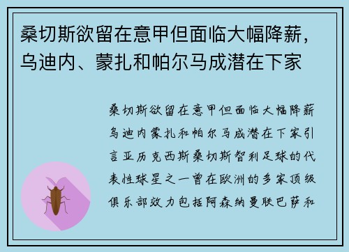 桑切斯欲留在意甲但面临大幅降薪，乌迪内、蒙扎和帕尔马成潜在下家