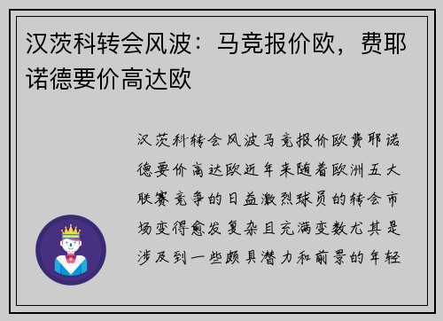 汉茨科转会风波：马竞报价欧，费耶诺德要价高达欧
