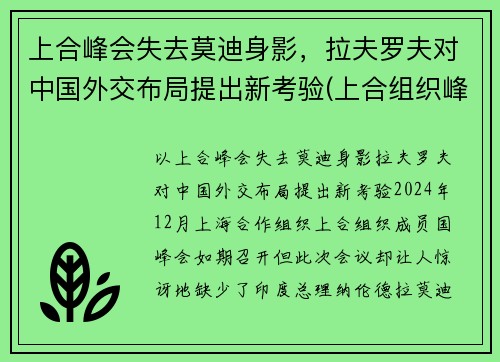 上合峰会失去莫迪身影，拉夫罗夫对中国外交布局提出新考验(上合组织峰会)