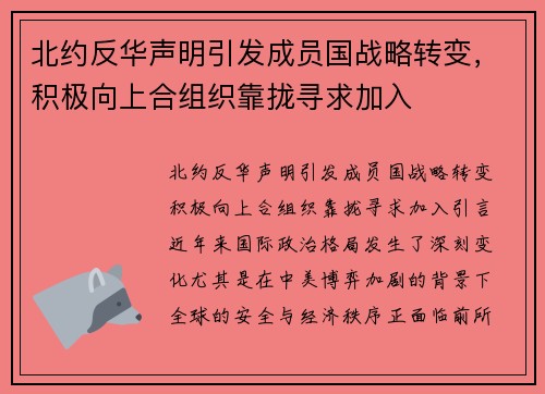北约反华声明引发成员国战略转变，积极向上合组织靠拢寻求加入