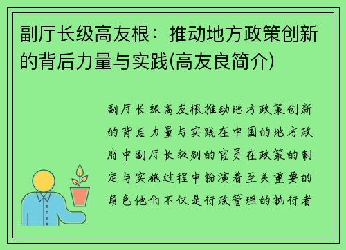 副厅长级高友根：推动地方政策创新的背后力量与实践(高友良简介)